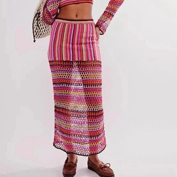 NWT Free People Bali Sunrise Skirt Crochet Knit Mid Rise Long Maxi Rainbow - Picture 1 of 15